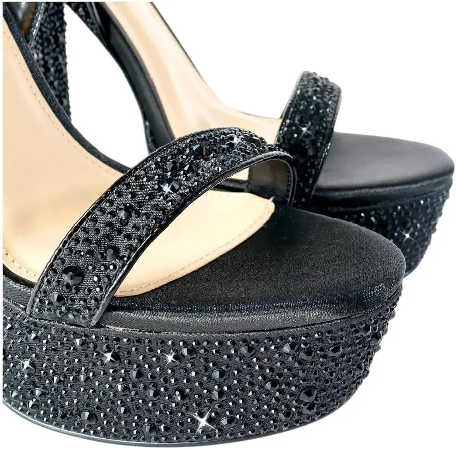 Liliana Womens Rhinestones Ankle Strap Chunky High Heels Sandals