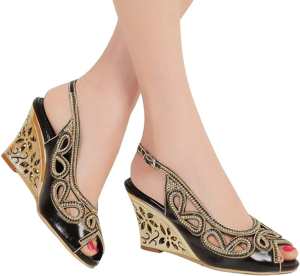 LizFoYa Women Cutout Crystal Evening Slingback Pumps Peep Toe Bridal Wedge Sandals