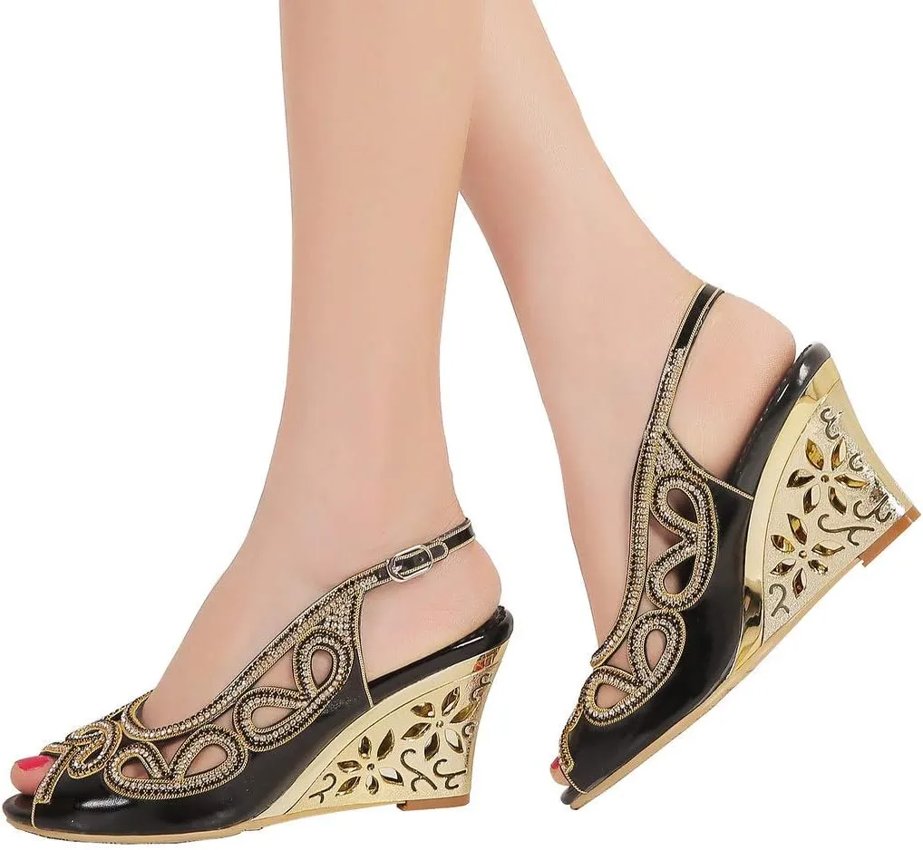 LizFoYa Women Cutout Crystal Evening Slingback Pumps Peep Toe Bridal Wedge Sandals