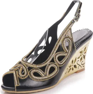 LizFoYa Women Cutout Crystal Evening Slingback Pumps Peep Toe Bridal Wedge Sandals