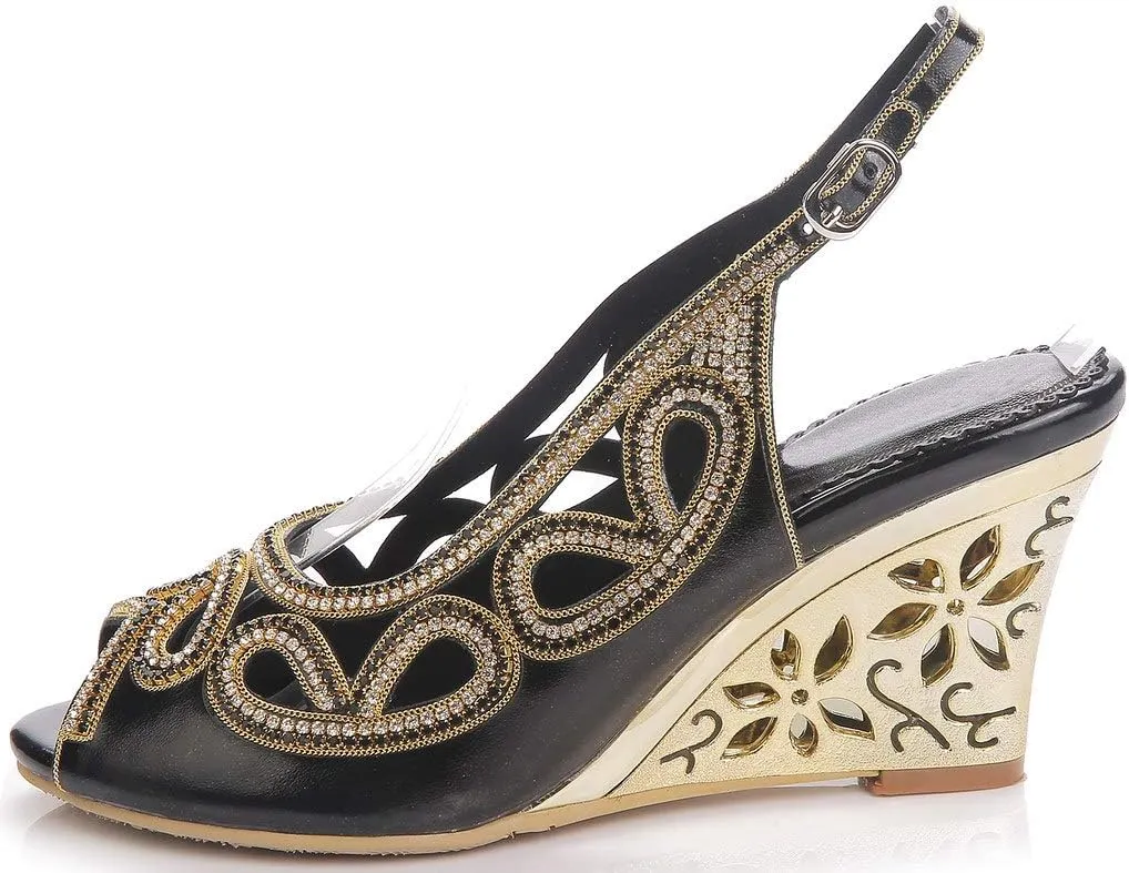 LizFoYa Women Cutout Crystal Evening Slingback Pumps Peep Toe Bridal Wedge Sandals
