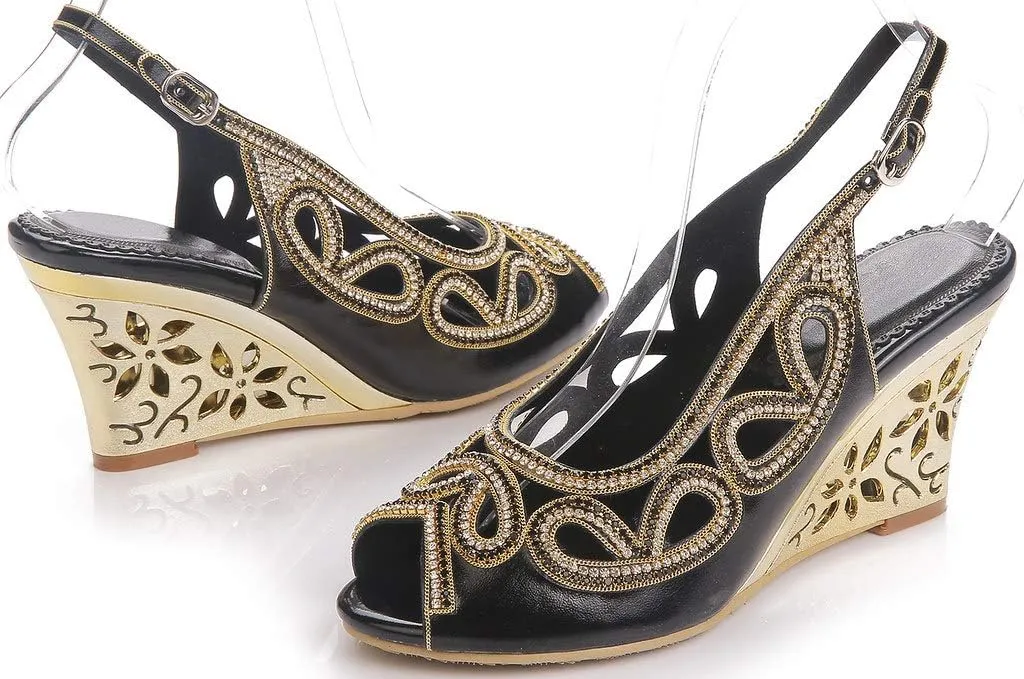 LizFoYa Women Cutout Crystal Evening Slingback Pumps Peep Toe Bridal Wedge Sandals