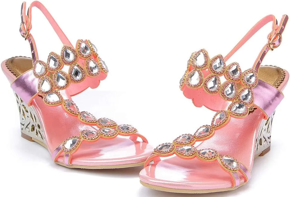 LizFoYa Women Jewel Wedding Wedge Sandals Metallic Strappy Dress Heeled Sandals Shoes