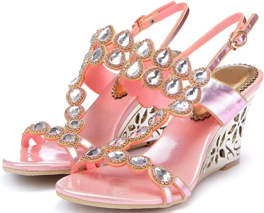 LizFoYa Women Jewel Wedding Wedge Sandals Metallic Strappy Dress Heeled Sandals Shoes