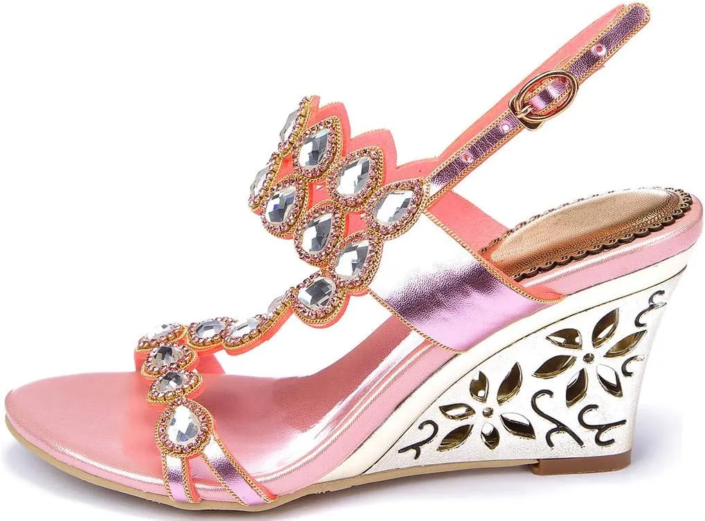 LizFoYa Women Jewel Wedding Wedge Sandals Metallic Strappy Dress Heeled Sandals Shoes