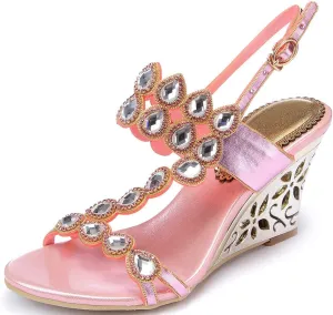 LizFoYa Women Jewel Wedding Wedge Sandals Metallic Strappy Dress Heeled Sandals Shoes