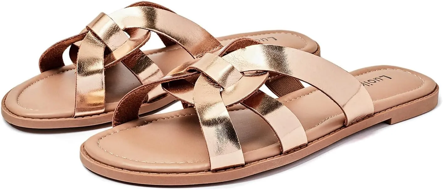 Luoika Women's Wide Width Flat Slides Sandals, Slip on Slide Sandal Casual Comfortable Summer Beach Shoes for Women.
