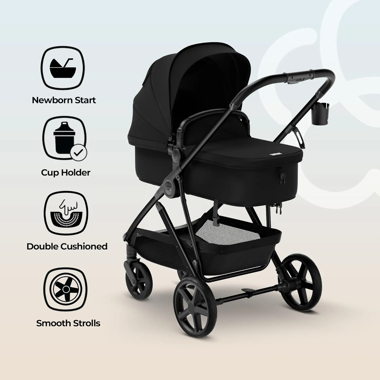 MAMA & BABY Rovee Bassinet Baby Stroller, 2-in-1 Foldable Infant Stroller with Reversible Seat, UPF 50  Canopy, All-Terrain Wheels for On-The-Go Families