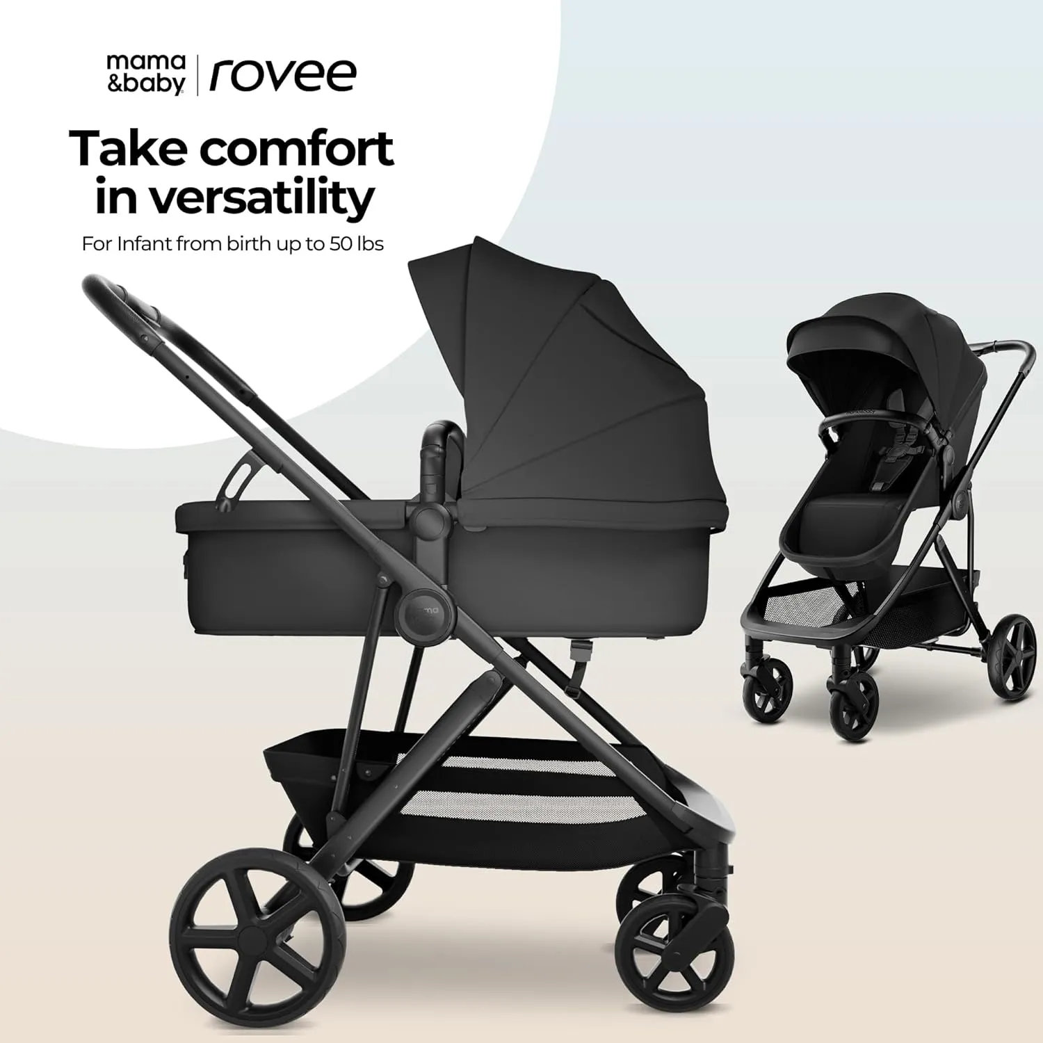MAMA & BABY Rovee Bassinet Baby Stroller, 2-in-1 Foldable Infant Stroller with Reversible Seat, UPF 50  Canopy, All-Terrain Wheels for On-The-Go Families