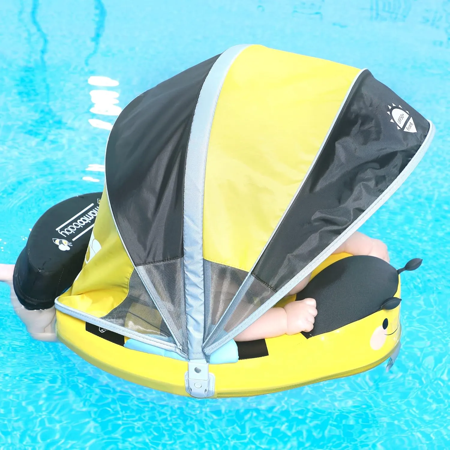 Mambobaby Float Add Tail Baby Swim Float with Canopy Solid Pool Infant Swim Trainer Swimming Training Lying Air Free Water Floats Non-Inflatable Waist Swim Ring for Toddlers (Bee)