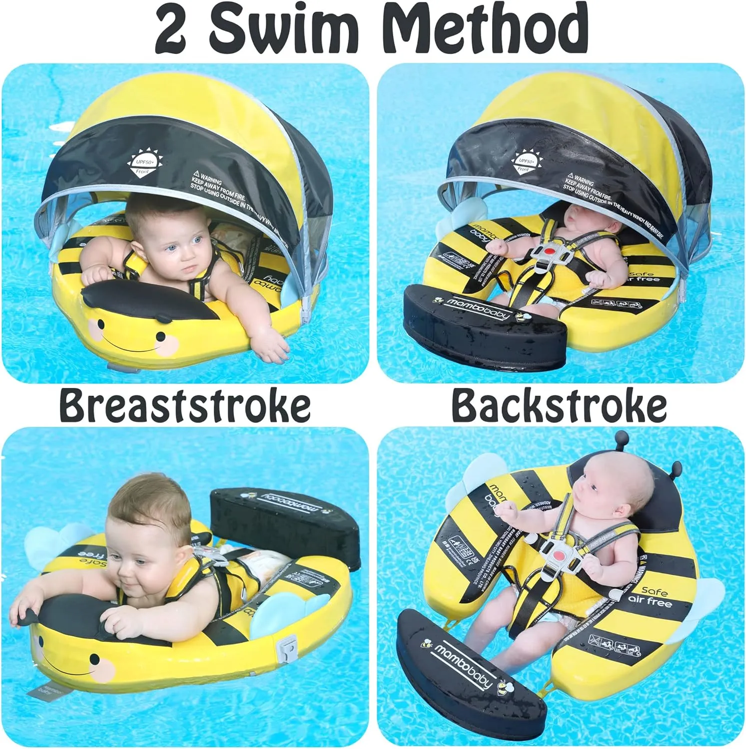 Mambobaby Float Add Tail Baby Swim Float with Canopy Solid Pool Infant Swim Trainer Swimming Training Lying Air Free Water Floats Non-Inflatable Waist Swim Ring for Toddlers (Bee)