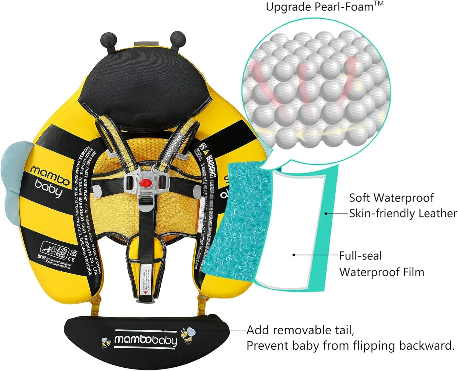 Mambobaby Float Add Tail Baby Swim Float with Canopy Solid Pool Infant Swim Trainer Swimming Training Lying Air Free Water Floats Non-Inflatable Waist Swim Ring for Toddlers (Bee)