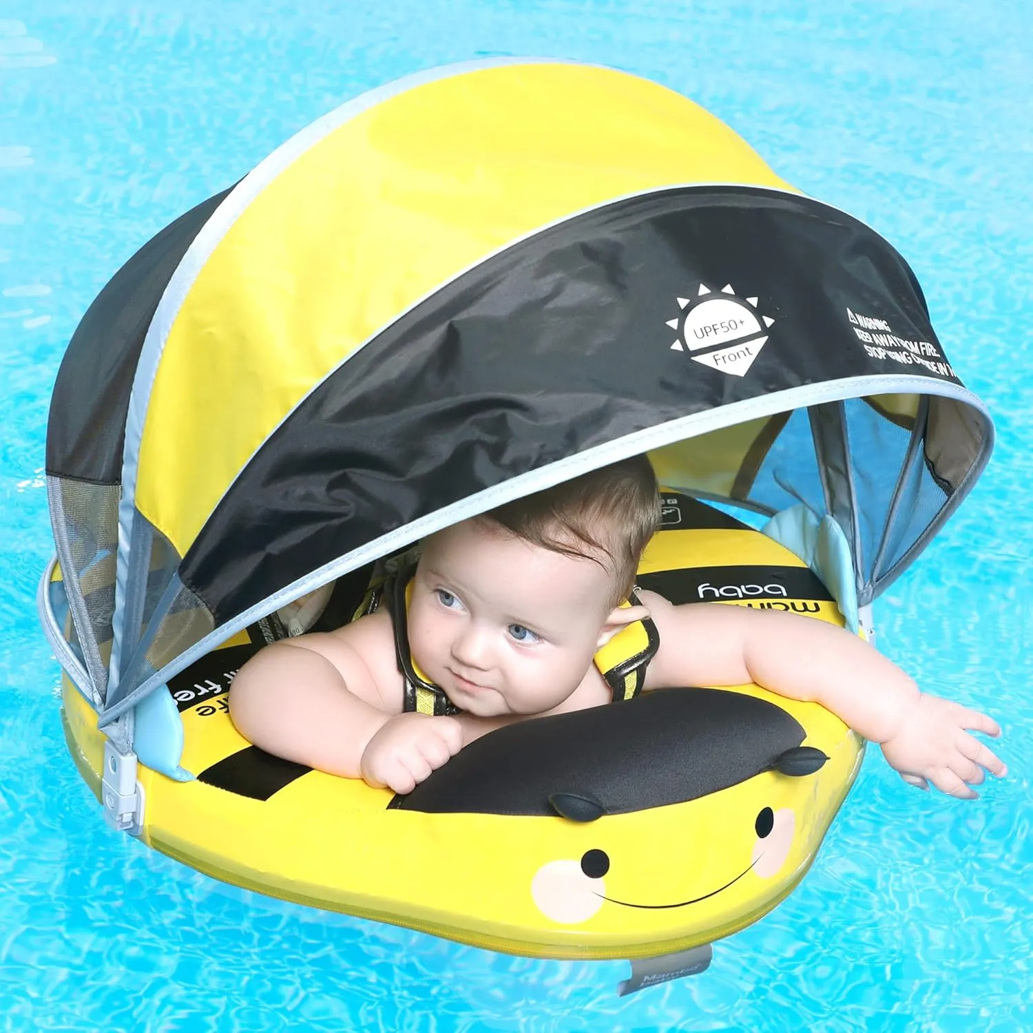 Mambobaby Float Add Tail Baby Swim Float with Canopy Solid Pool Infant Swim Trainer Swimming Training Lying Air Free Water Floats Non-Inflatable Waist Swim Ring for Toddlers (Bee)