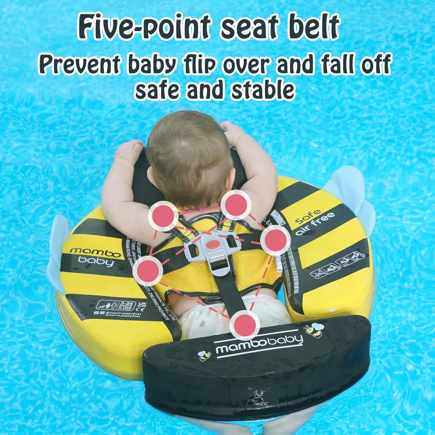 Mambobaby Float Add Tail Baby Swim Float with Canopy Solid Pool Infant Swim Trainer Swimming Training Lying Air Free Water Floats Non-Inflatable Waist Swim Ring for Toddlers (Bee)