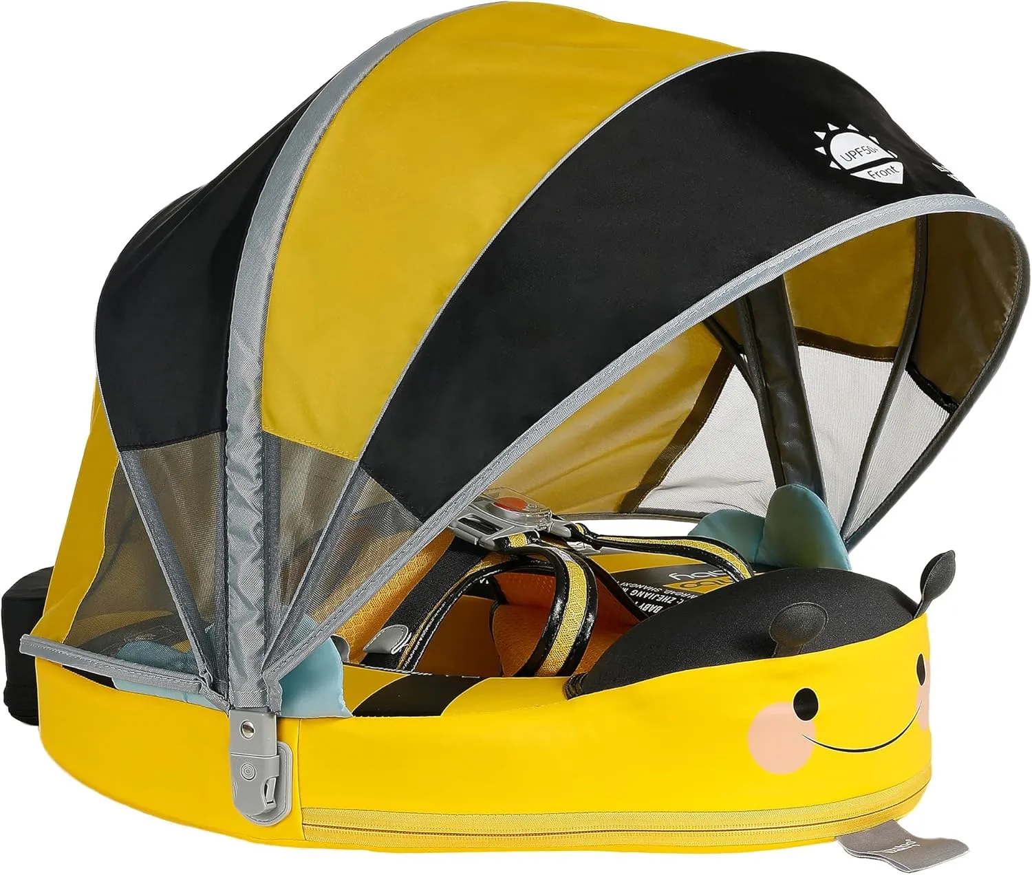 Mambobaby Float Add Tail Baby Swim Float with Canopy Solid Pool Infant Swim Trainer Swimming Training Lying Air Free Water Floats Non-Inflatable Waist Swim Ring for Toddlers (Bee)