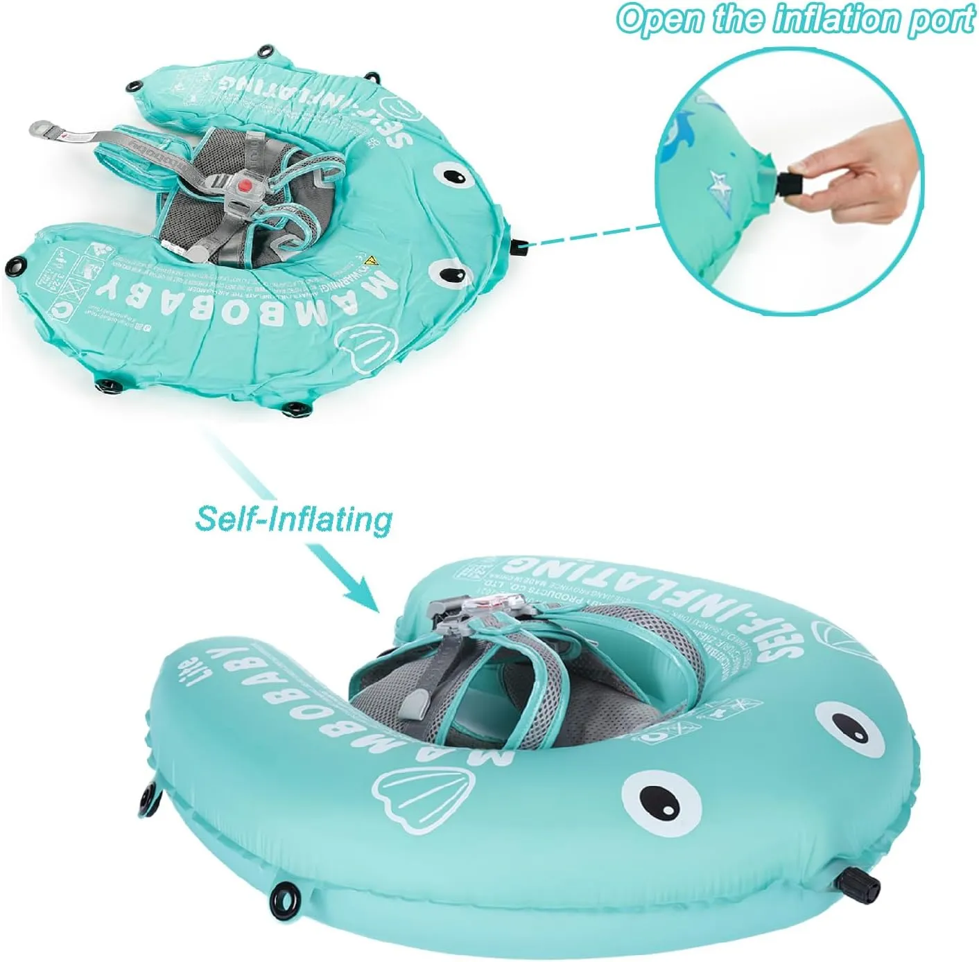 Mambobaby Float Self-Inflating Baby Pool Float Compressible Pool Swim Float Infant Soft Solid Swimming Trainer Baby Float with Removable UPF 50  UV Sun Protection Canopy, Green