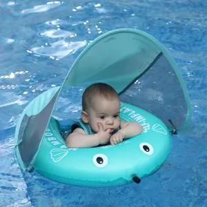 Mambobaby Float Self-Inflating Baby Pool Float Compressible Pool Swim Float Infant Soft Solid Swimming Trainer Baby Float with Removable UPF 50  UV Sun Protection Canopy, Green