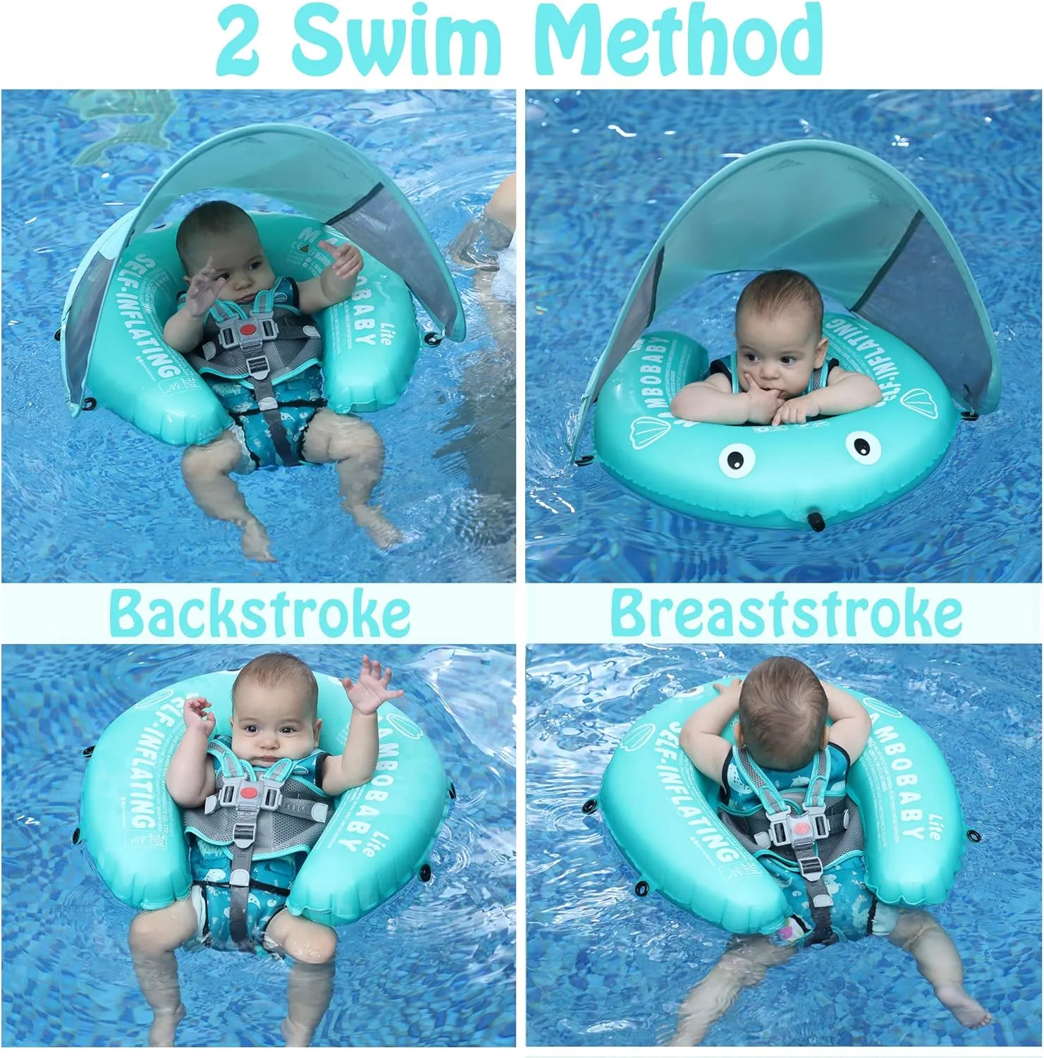 Mambobaby Float Self-Inflating Baby Pool Float Compressible Pool Swim Float Infant Soft Solid Swimming Trainer Baby Float with Removable UPF 50  UV Sun Protection Canopy, Green