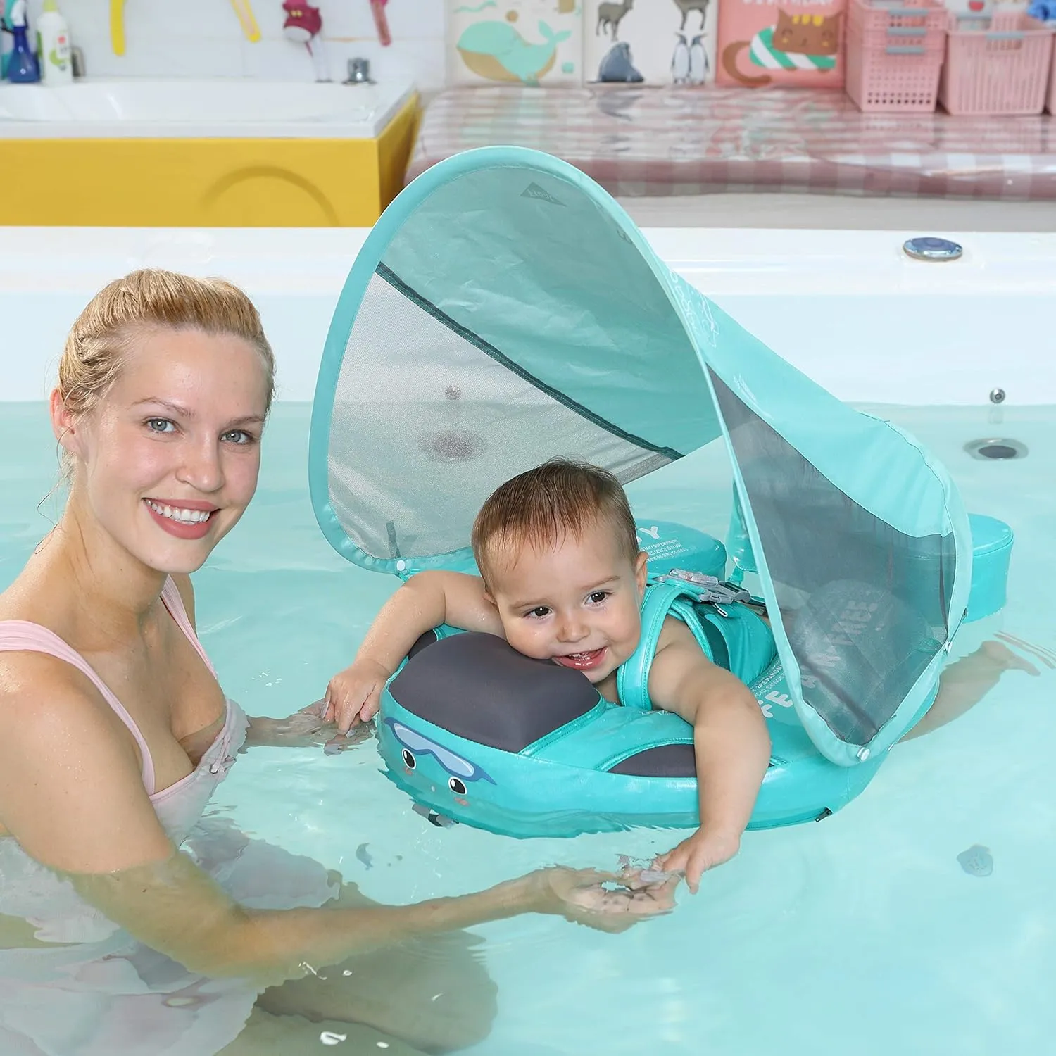 Mambobaby Float Upgrade Add Tail Baby Float with Canopy for Infant Waist Swimming Ring Swim Trainer Non-Inflatable Floats Toys with Adjustable Safety Strap (Mambo Fish)