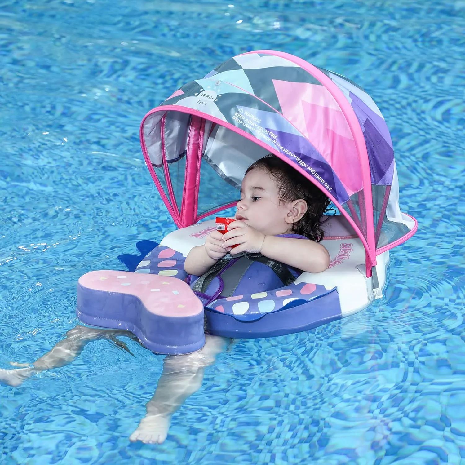 Mambobaby Float Upgrade Add Tail Baby Float with Canopy for Infant Waist Swimming Ring Swim Trainer Non-Inflatable Floats Toys with Adjustable Safety Strap (Pink - Colorful Fish)
