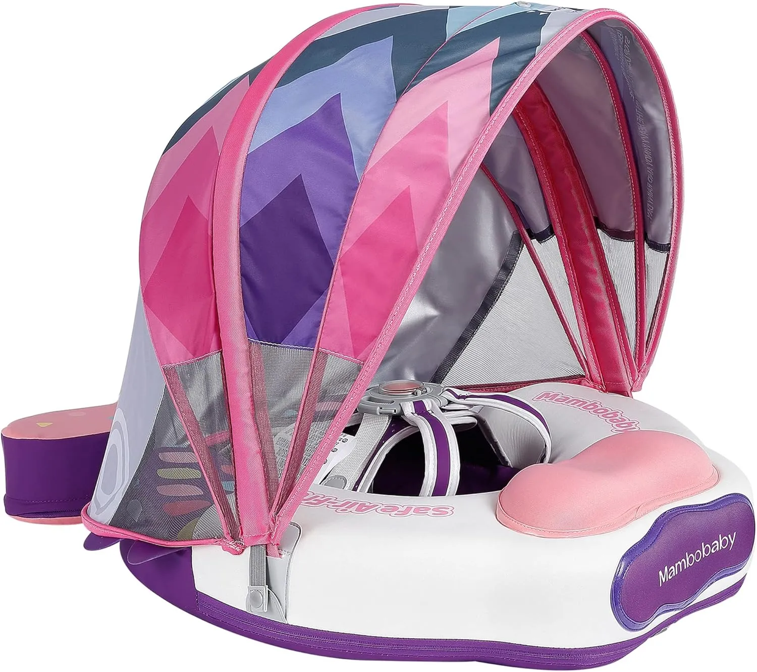 Mambobaby Float Upgrade Add Tail Baby Float with Canopy for Infant Waist Swimming Ring Swim Trainer Non-Inflatable Floats Toys with Adjustable Safety Strap (Pink - Colorful Fish)