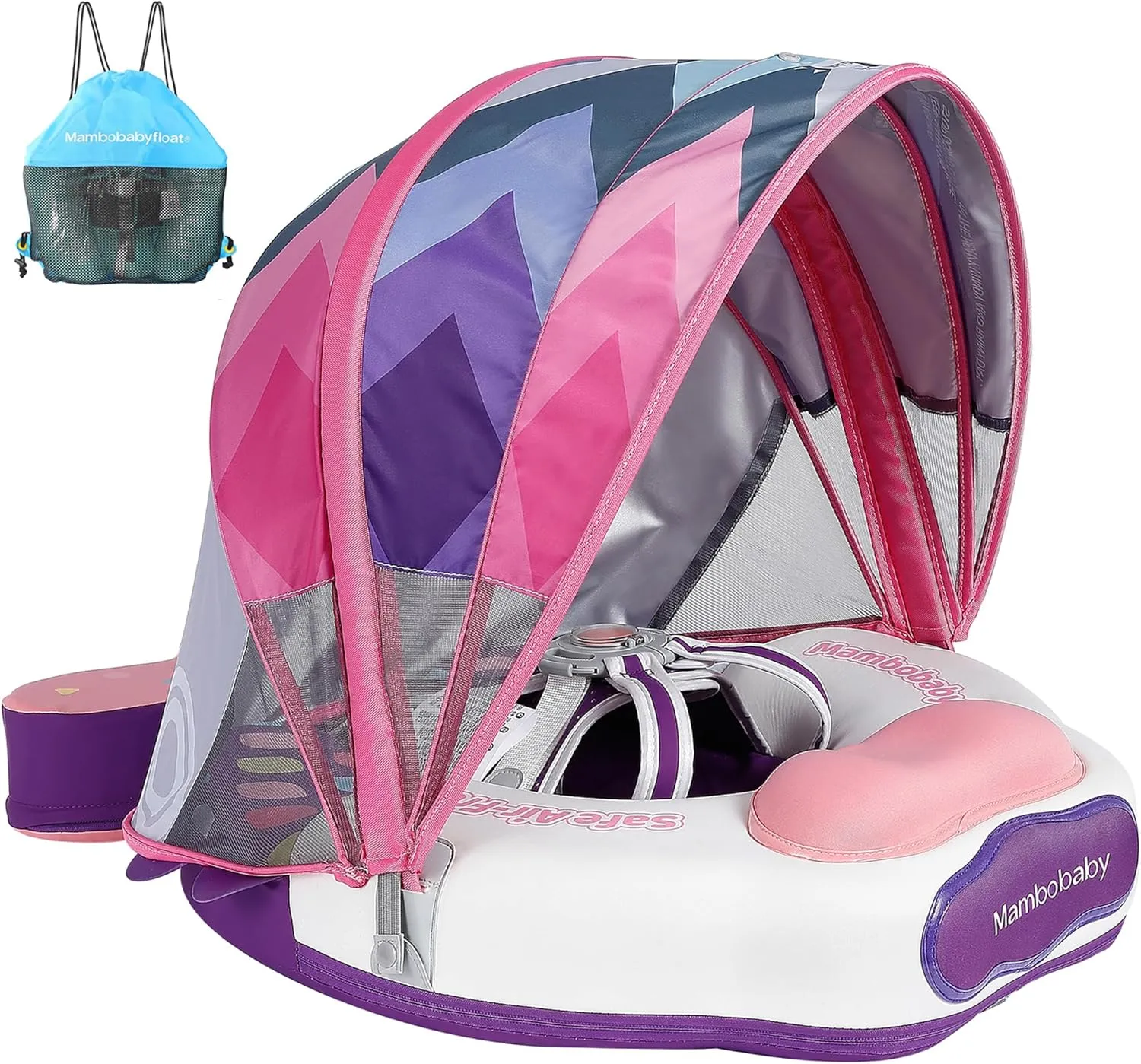 Mambobaby Float Upgrade Add Tail Baby Float with Canopy for Infant Waist Swimming Ring Swim Trainer Non-Inflatable Floats Toys with Adjustable Safety Strap (Pink - Colorful Fish)