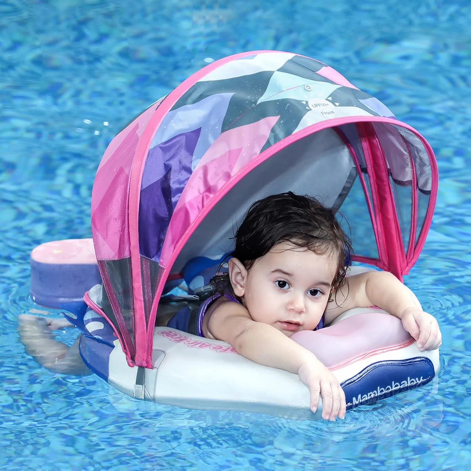Mambobaby Float Upgrade Add Tail Baby Float with Canopy for Infant Waist Swimming Ring Swim Trainer Non-Inflatable Floats Toys with Adjustable Safety Strap (Pink - Colorful Fish)