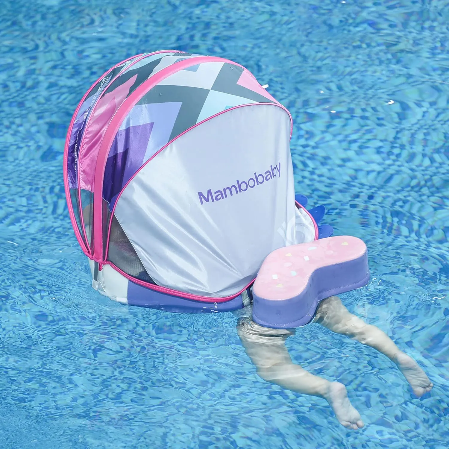 Mambobaby Float Upgrade Add Tail Baby Float with Canopy for Infant Waist Swimming Ring Swim Trainer Non-Inflatable Floats Toys with Adjustable Safety Strap (Pink - Colorful Fish)