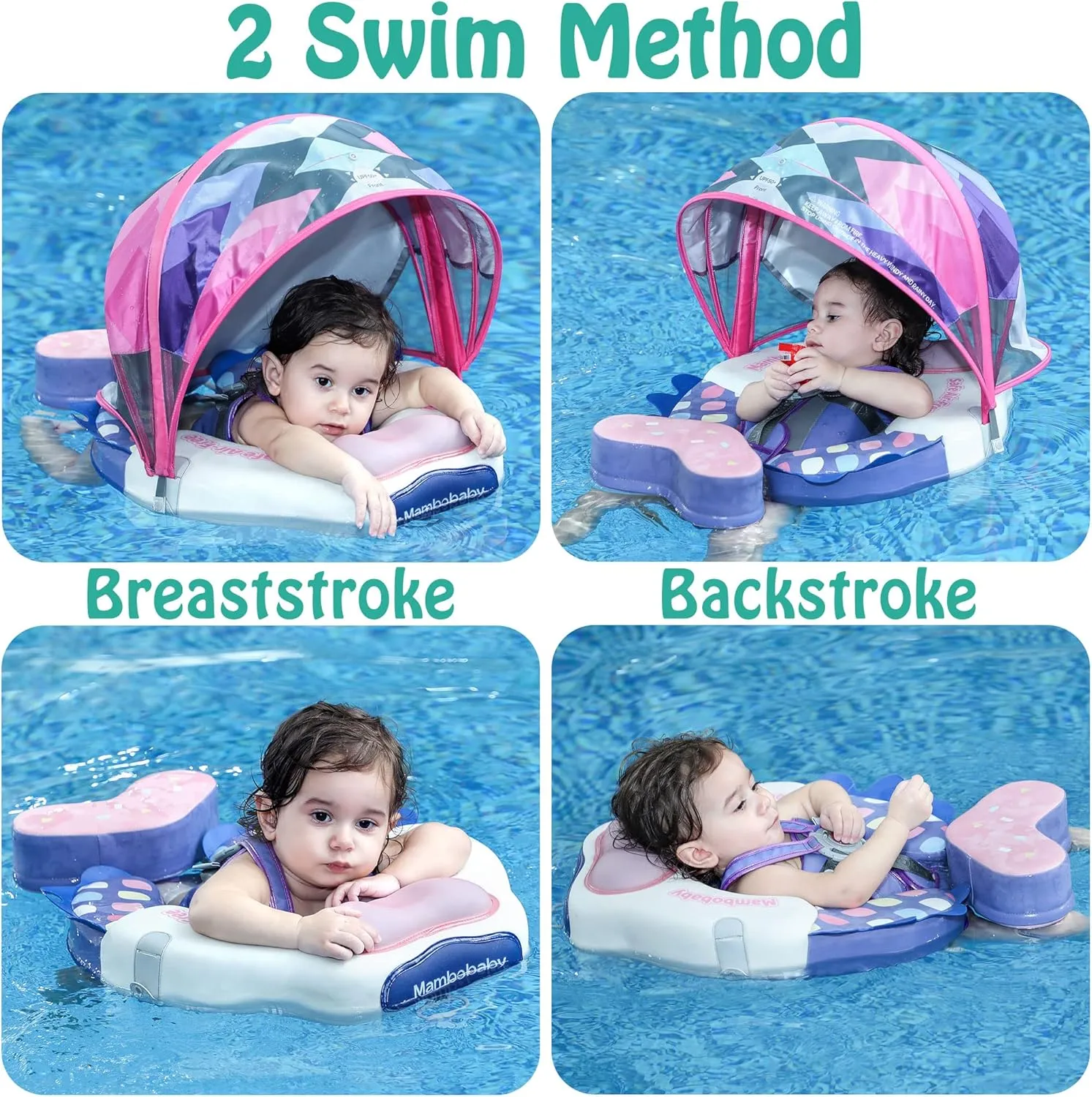 Mambobaby Float Upgrade Add Tail Baby Float with Canopy for Infant Waist Swimming Ring Swim Trainer Non-Inflatable Floats Toys with Adjustable Safety Strap (Pink - Colorful Fish)