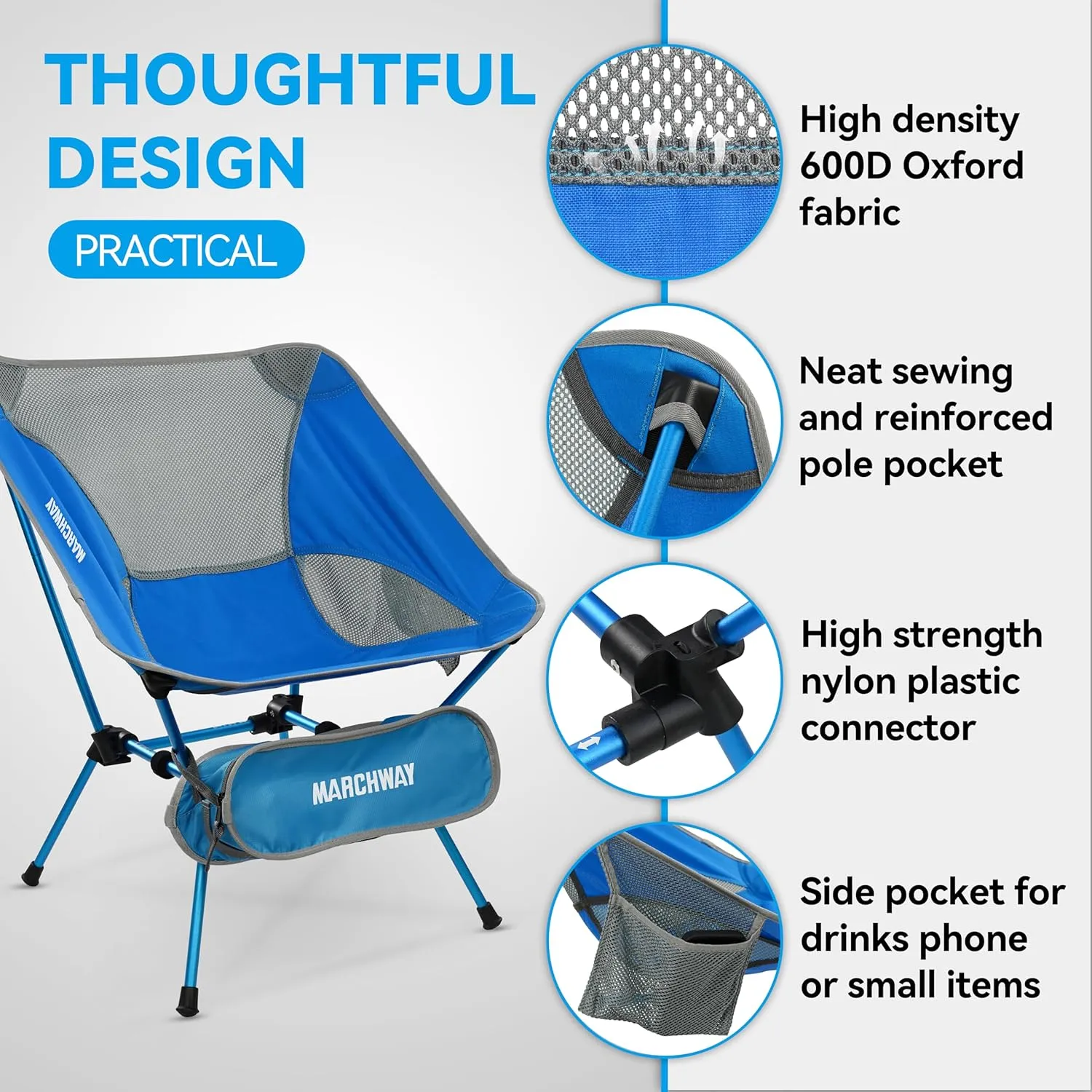 MARCHWAY Ultralight Folding Camping Chair, Heavy Duty Portable Compact for Outdoor Camp, Travel, Beach, Picnic, Festival, Hiking, Lightweight Backpacking (Bright Blue)