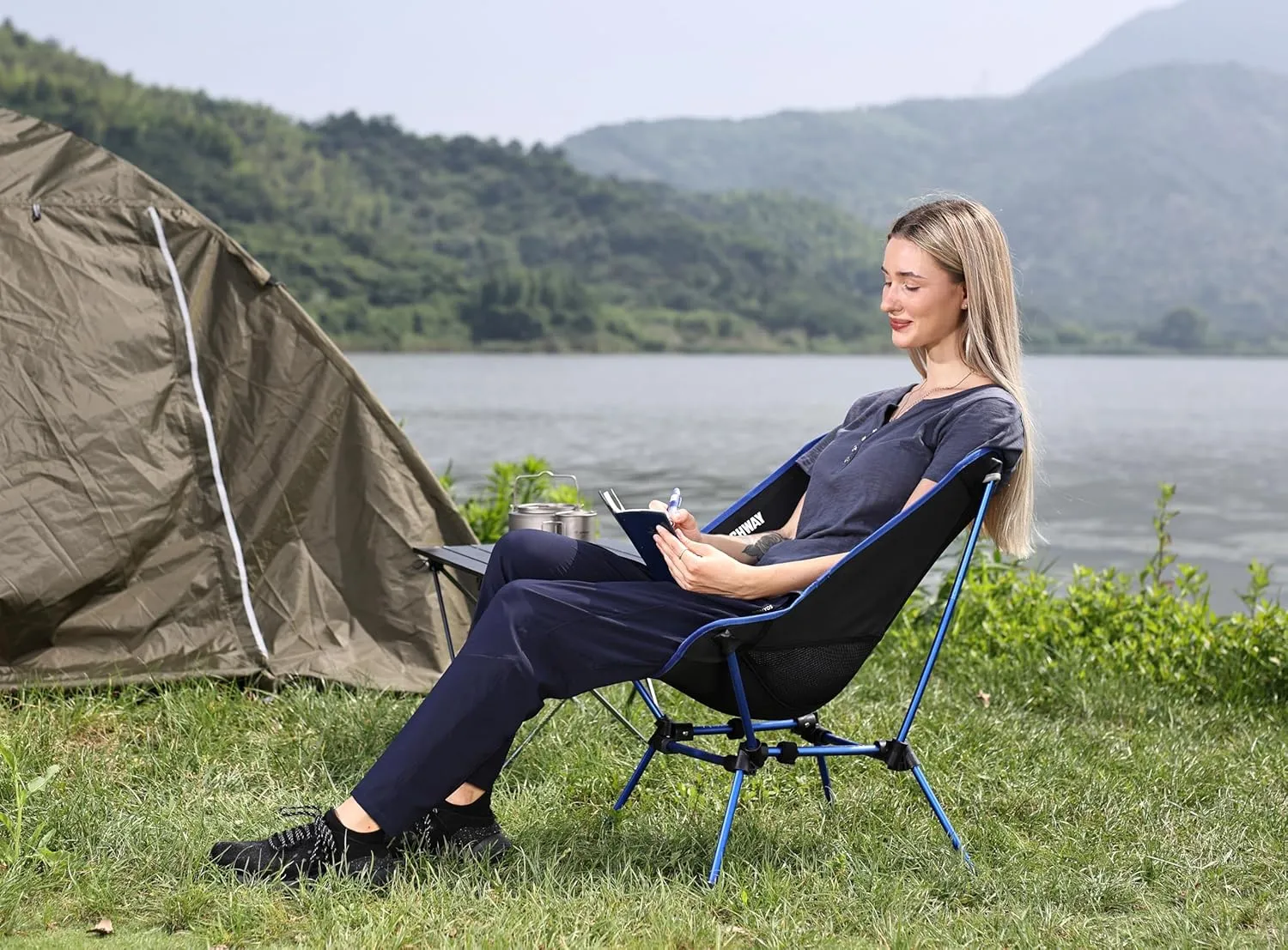 MARCHWAY Ultralight Folding Camping Chair, Heavy Duty Portable Compact for Outdoor Camp, Travel, Beach, Picnic, Festival, Hiking, Lightweight Backpacking (Dark Blue)