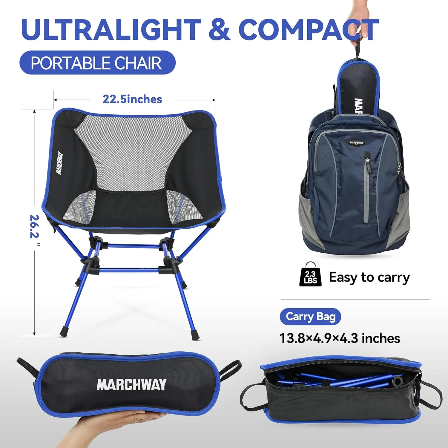 MARCHWAY Ultralight Folding Camping Chair, Heavy Duty Portable Compact for Outdoor Camp, Travel, Beach, Picnic, Festival, Hiking, Lightweight Backpacking (Dark Blue)