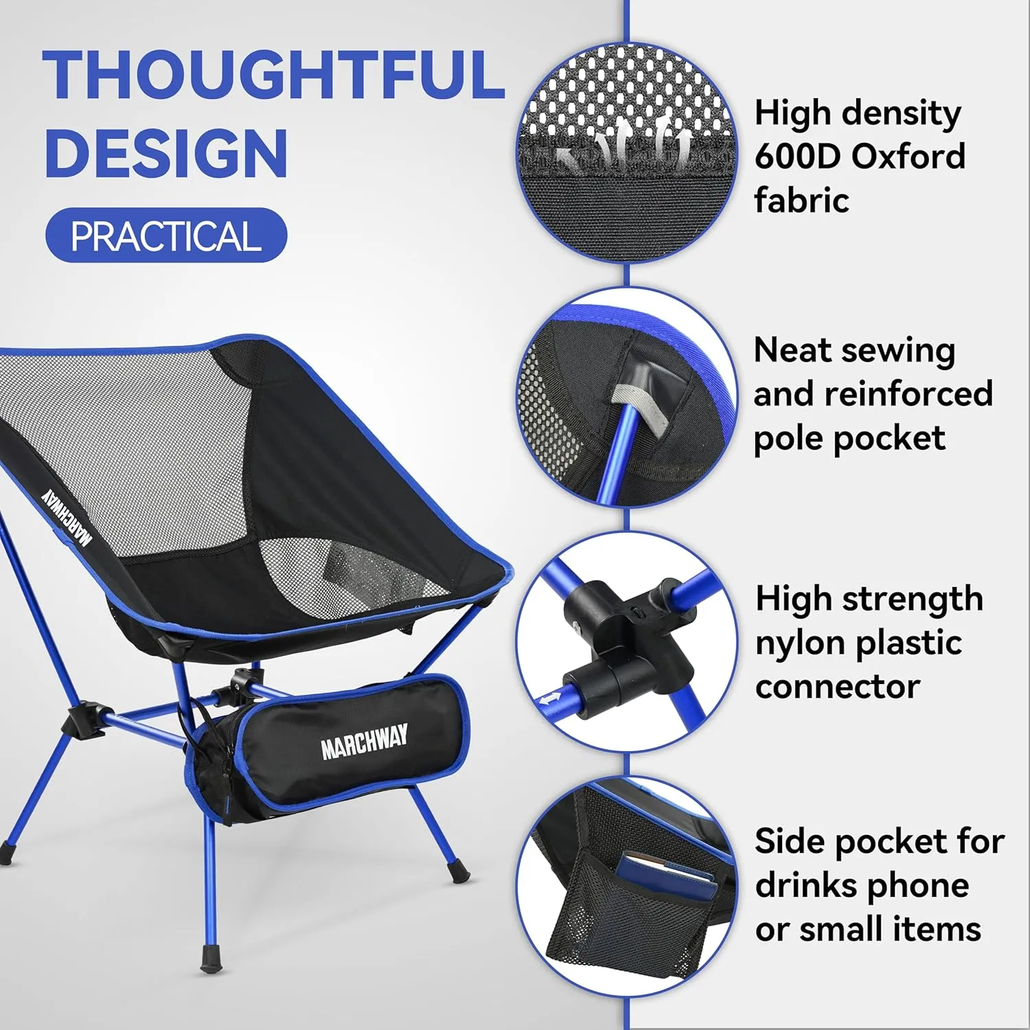 MARCHWAY Ultralight Folding Camping Chair, Heavy Duty Portable Compact for Outdoor Camp, Travel, Beach, Picnic, Festival, Hiking, Lightweight Backpacking (Dark Blue)