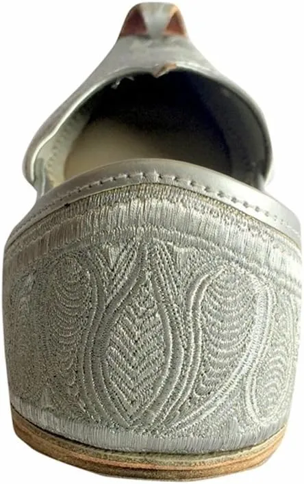 Men's Flat Full Silver Zari Khussa Shoes Traditional Indian Leather Loafer Punjabi Jutti