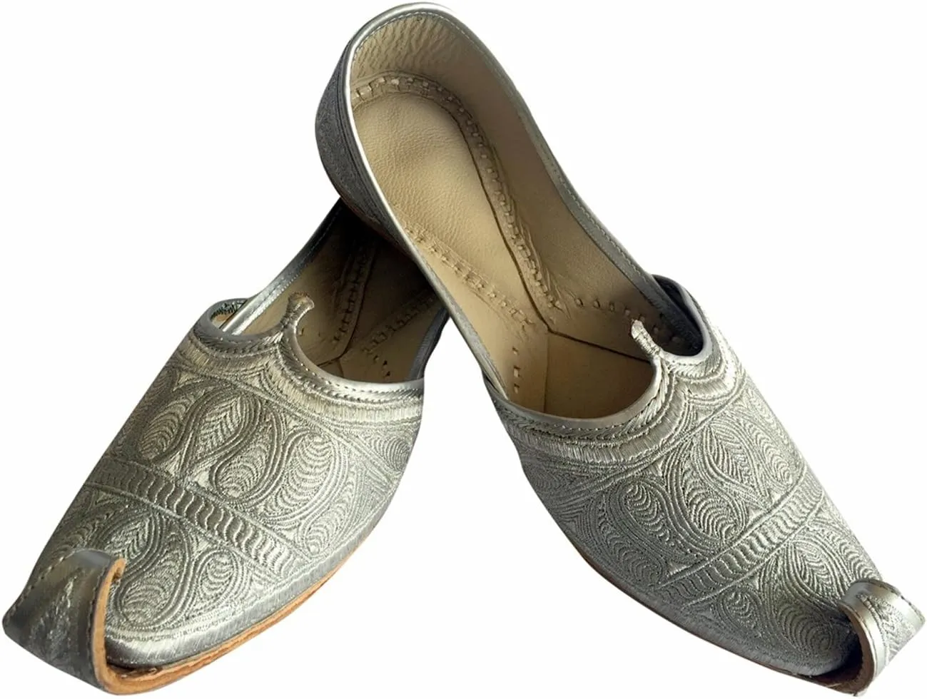Men's Flat Full Silver Zari Khussa Shoes Traditional Indian Leather Loafer Punjabi Jutti