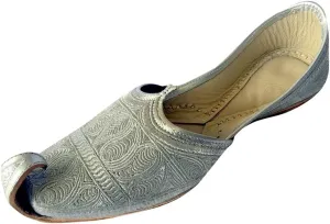 Men's Flat Full Silver Zari Khussa Shoes Traditional Indian Leather Loafer Punjabi Jutti