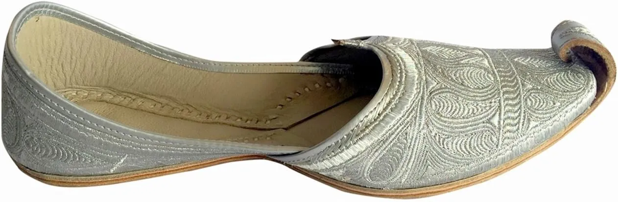Men's Flat Full Silver Zari Khussa Shoes Traditional Indian Leather Loafer Punjabi Jutti
