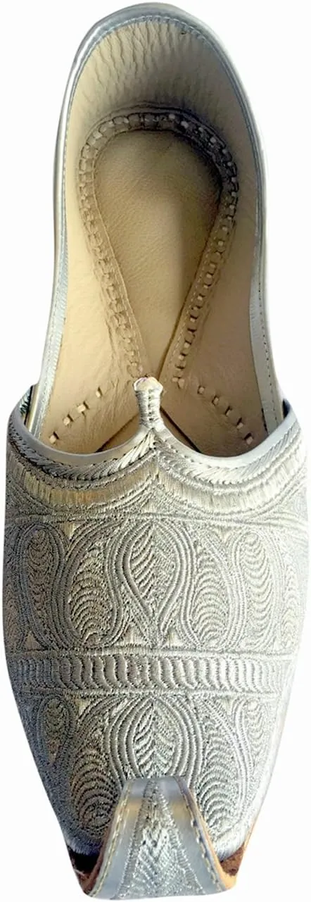 Men's Flat Full Silver Zari Khussa Shoes Traditional Indian Leather Loafer Punjabi Jutti