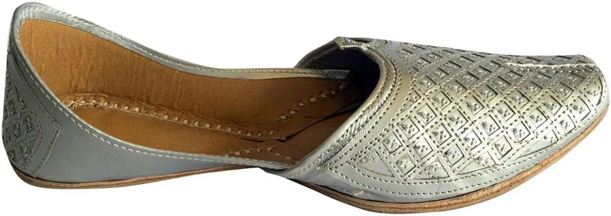 Men's Flat Silver Wedding Khussa Shoes Traditional Indian Leather Loafer Punjabi Jutti