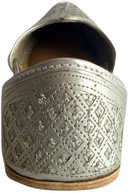 Men's Flat Silver Wedding Khussa Shoes Traditional Indian Leather Loafer Punjabi Jutti