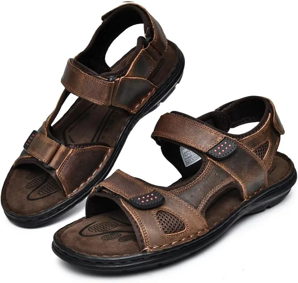 Men's Leather Sandals, Comfortable Open-Toe Outdoor Beach Shoes