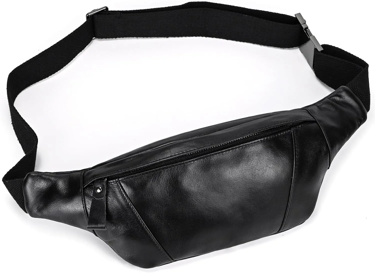 Men's Leather Waist Bag Multiple Pockets Slim Fanny Pack Adjustable Belt bag for Outdoor Running Hiking and Travel (Black)