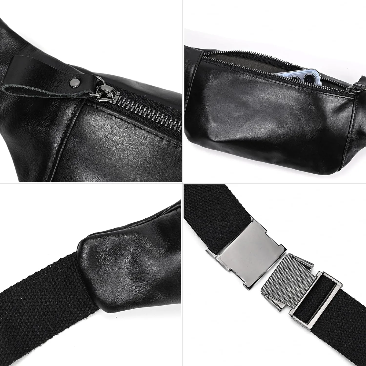 Men's Leather Waist Bag Multiple Pockets Slim Fanny Pack Adjustable Belt bag for Outdoor Running Hiking and Travel (Black)