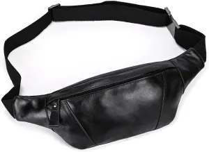 Men's Leather Waist Bag Multiple Pockets Slim Fanny Pack Adjustable Belt bag for Outdoor Running Hiking and Travel (Black)