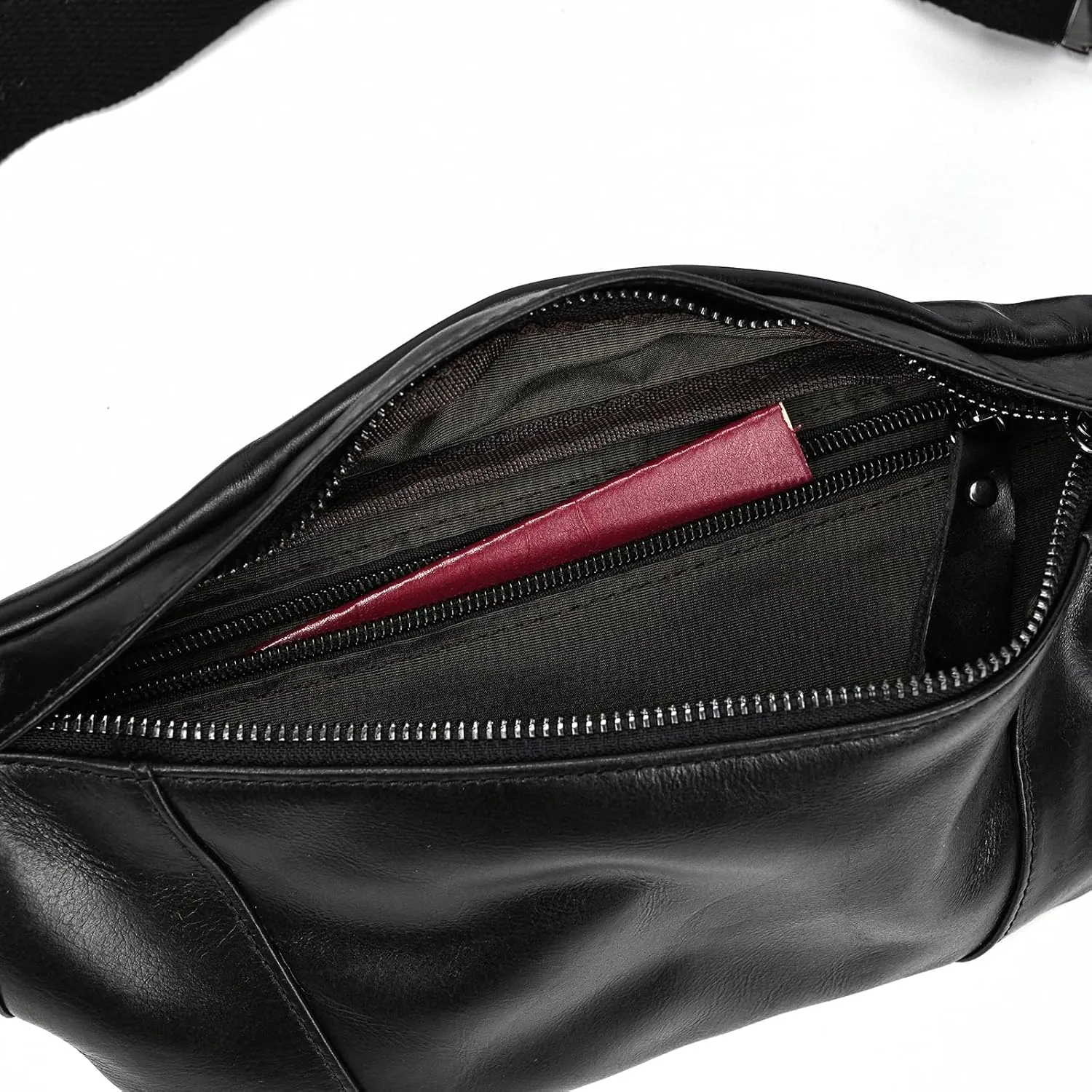 Men's Leather Waist Bag Multiple Pockets Slim Fanny Pack Adjustable Belt bag for Outdoor Running Hiking and Travel (Black)