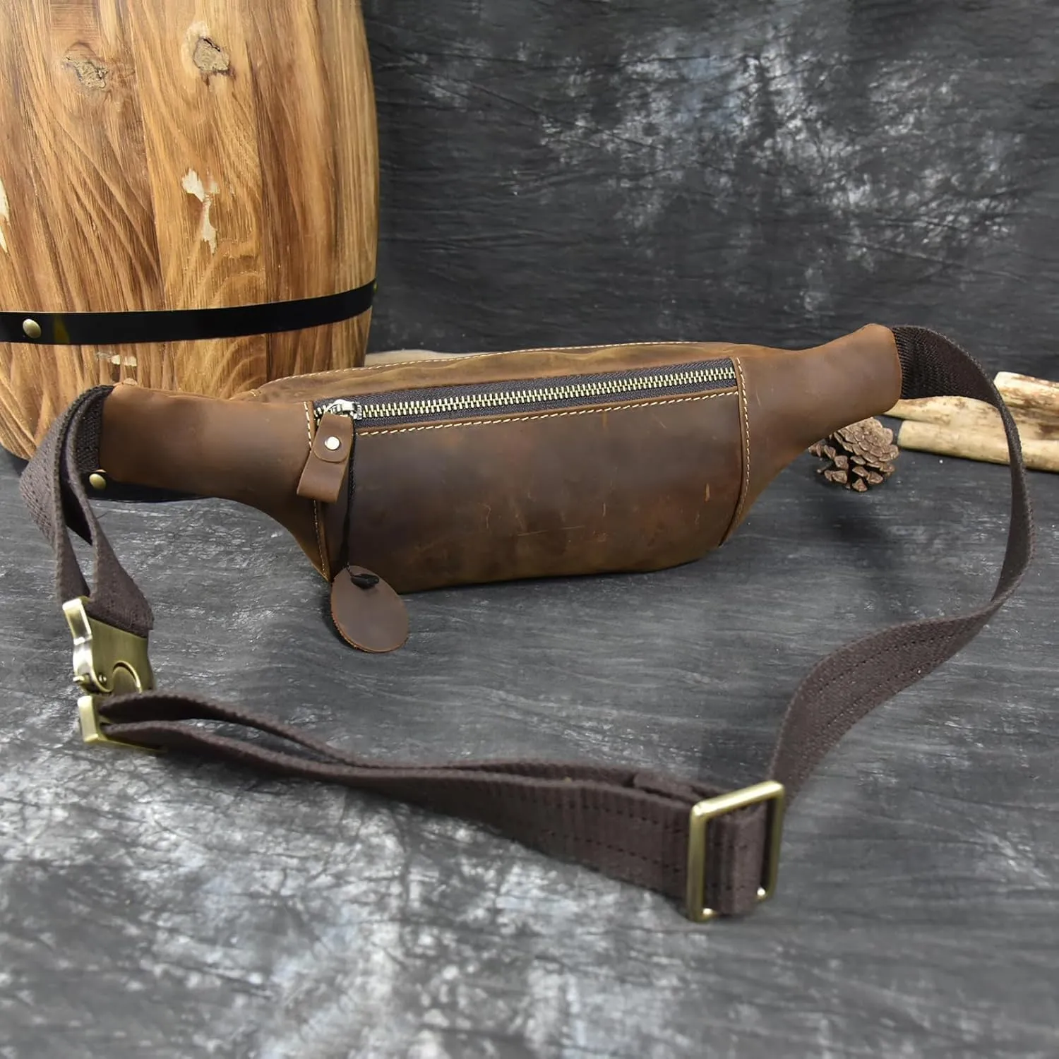 Men's Leather Waist Bag Multiple Pockets Slim Fanny Pack Adjustable Belt bag for Outdoor Running Hiking and Travel (Brown)