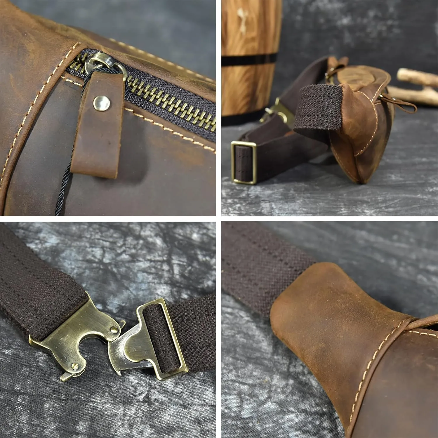 Men's Leather Waist Bag Multiple Pockets Slim Fanny Pack Adjustable Belt bag for Outdoor Running Hiking and Travel (Brown)