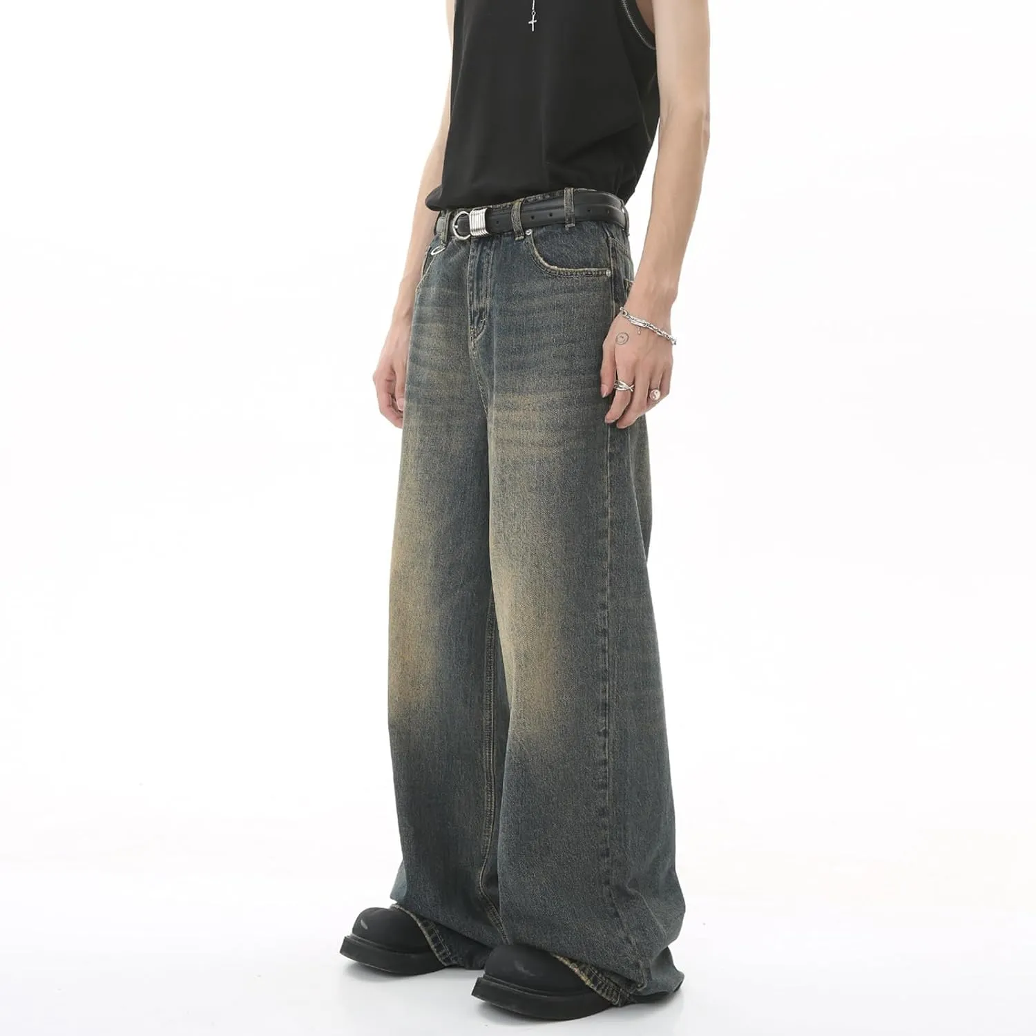 Men's Loose Wide Leg Jeans, Men Baggy Relaxed Fit Retro Jeans Y2K Hip Hop Casual Harajuku Denim Pants Vintage Streetwear