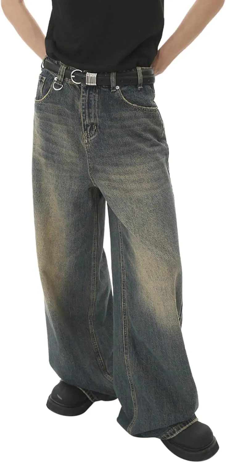 Men's Loose Wide Leg Jeans, Men Baggy Relaxed Fit Retro Jeans Y2K Hip Hop Casual Harajuku Denim Pants Vintage Streetwear