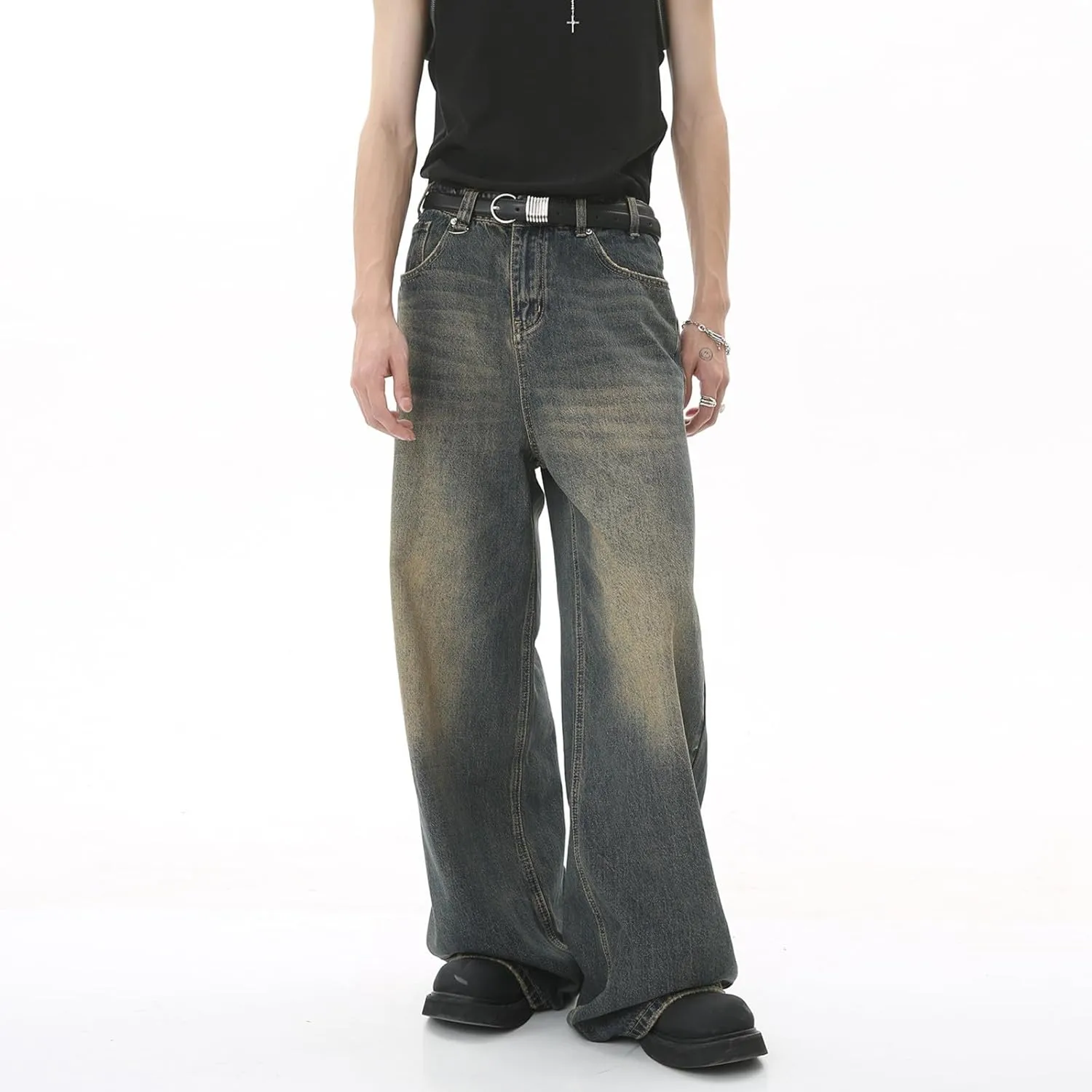 Men's Loose Wide Leg Jeans, Men Baggy Relaxed Fit Retro Jeans Y2K Hip Hop Casual Harajuku Denim Pants Vintage Streetwear